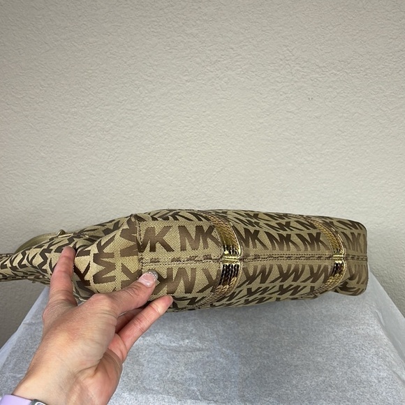 Michael Michael Kors Sequin Gold Tan Logo Large Shopper Tote Bag - Picture 9 of 13